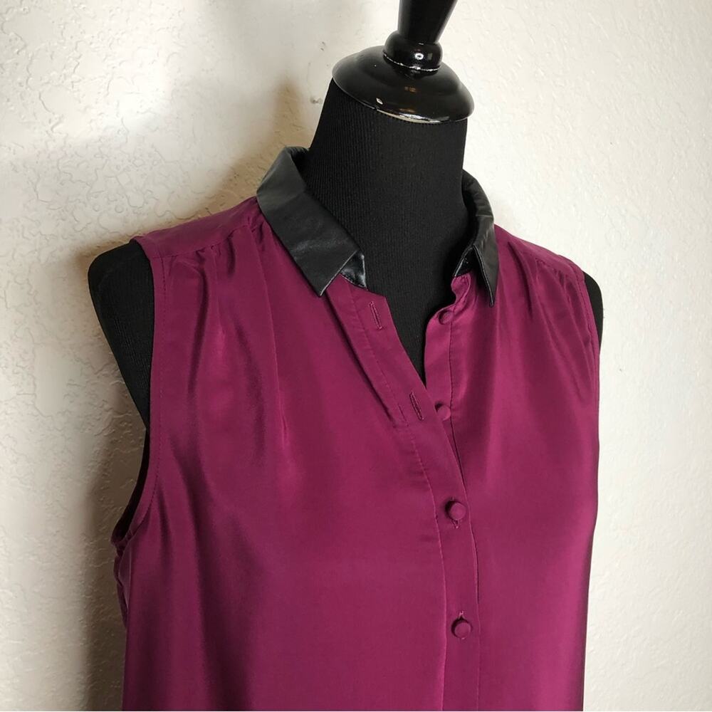 Amanda Uprichard magenta purple black faux leather collar silk dress size Medium - Picture 2 of 14